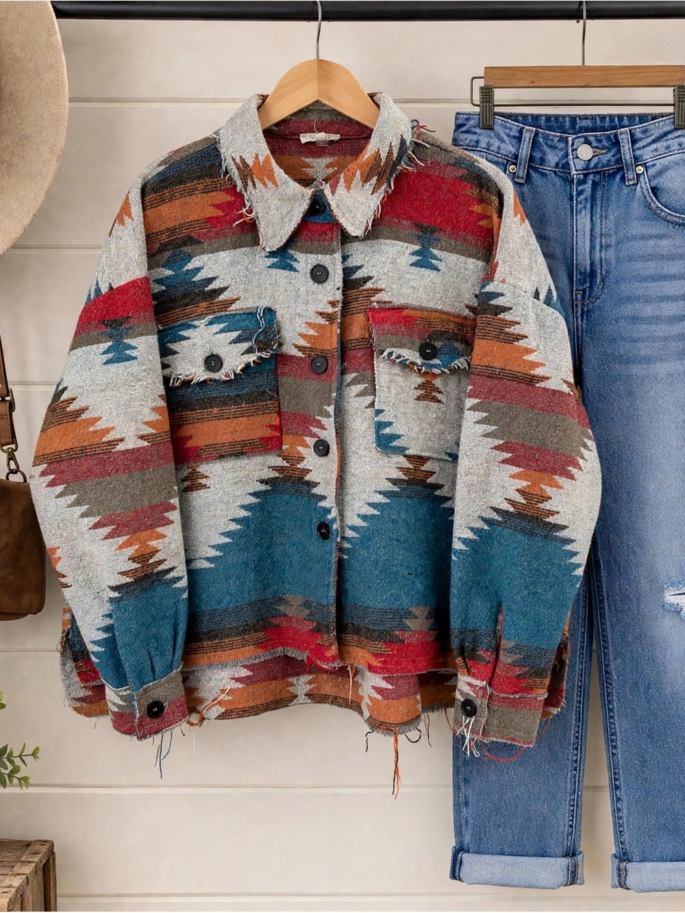 Southwestern Western Boho Aztec Print Shacket Jacket - Teal, Rust & Ivory